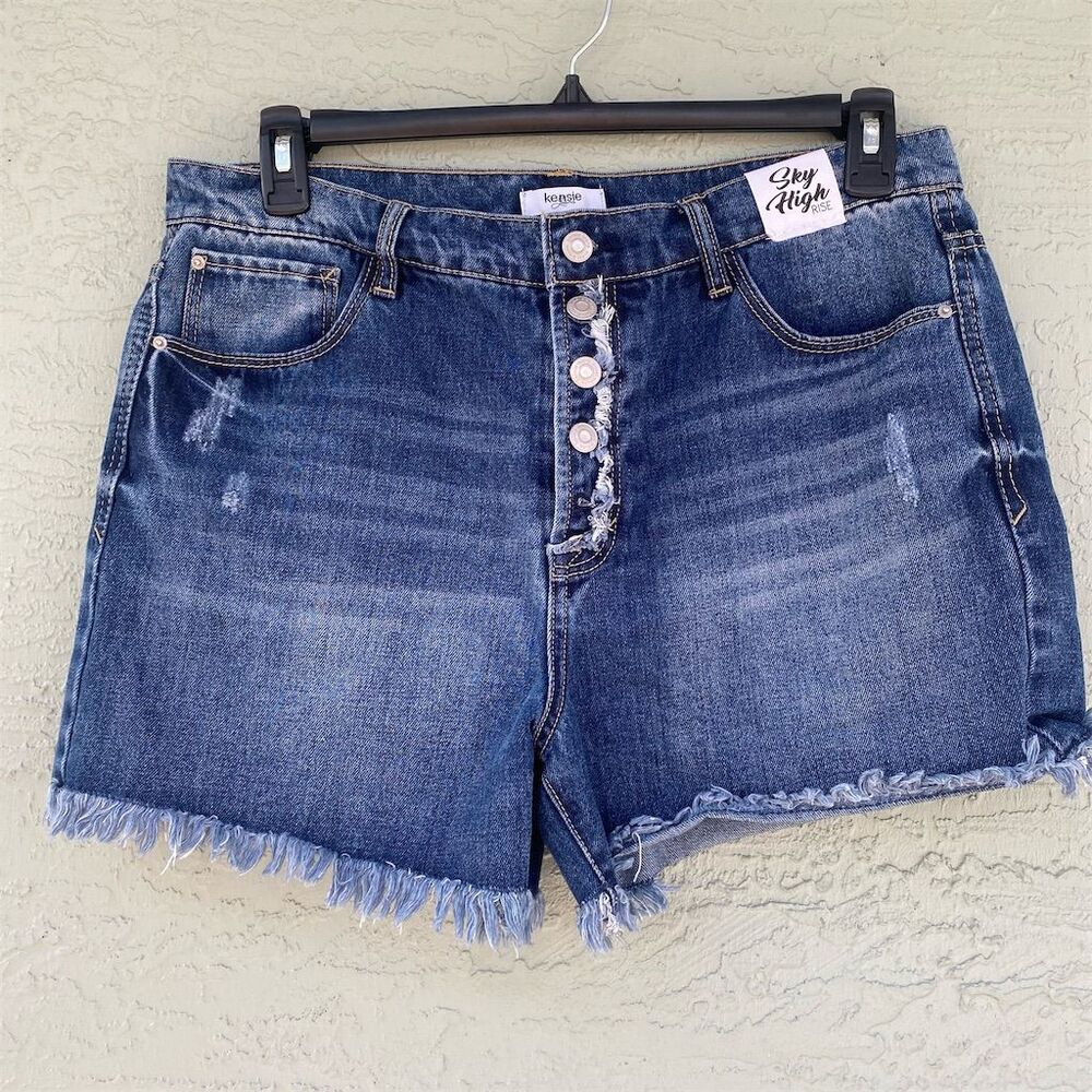 Kensie Women's High Rise Frayed Hem Denim Shorts Blue Size 12